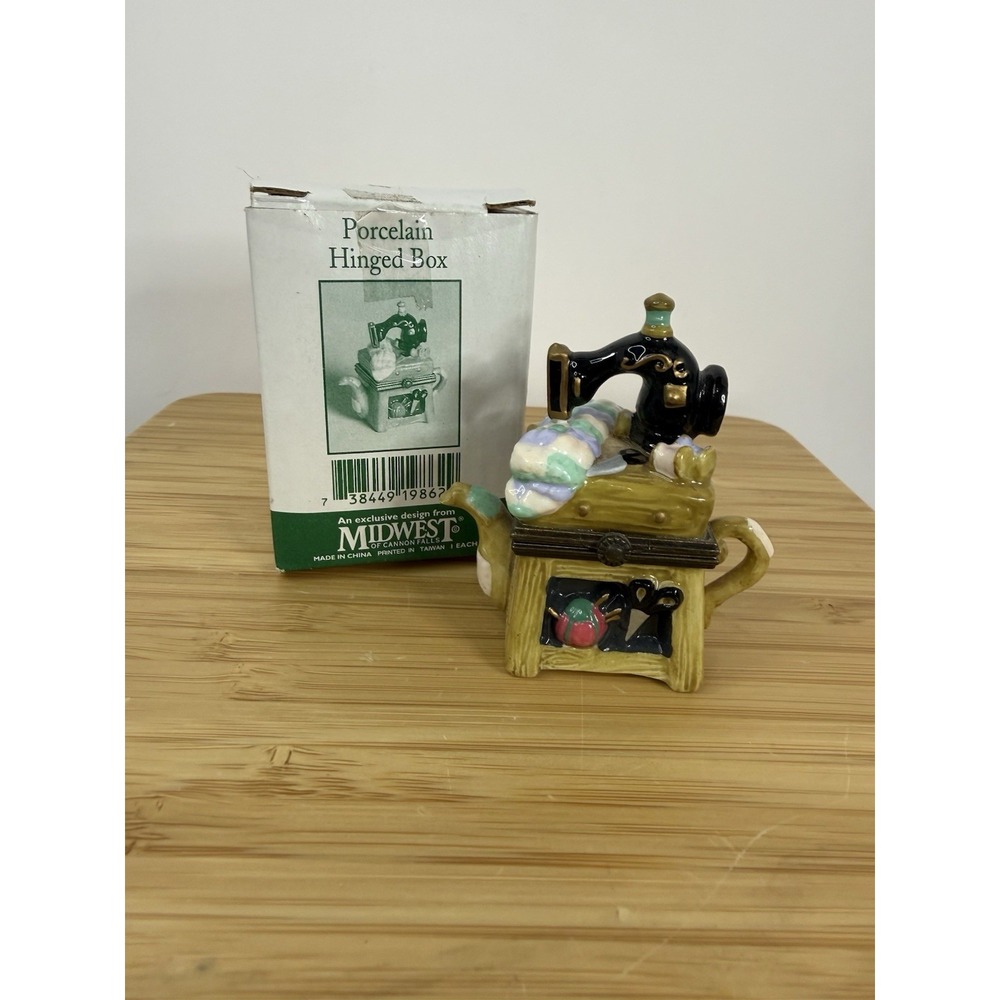 PHB Porcelain Hinged Trinket Box Sewing Machine Patchwork Teapot Midwest Of‎ CF